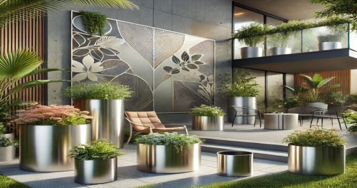 Stylish aluminium metal planters enhancing outdoor spaces with their lightweight, rust-resistant design, suitable for gardens and patios.