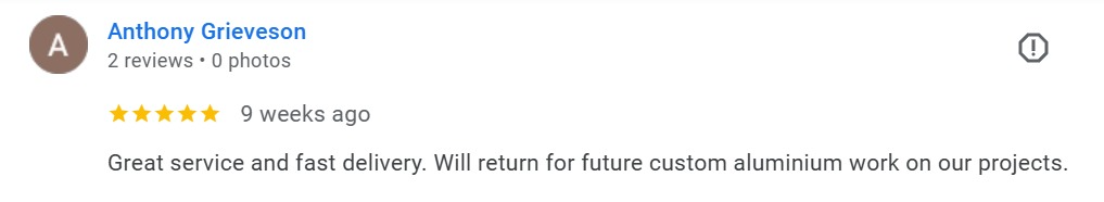 Customer review praising Metal Profiles Ltd's professional installation services.